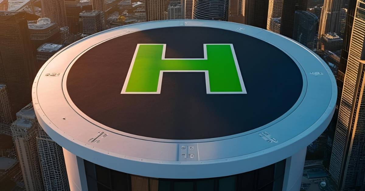 Helipad di atas gedung tinggi di Jakarta setelah aplikasi epoxy anti slip dari Epoxynesia, menunjukkan permukaan tahan cuaca dan aman untuk pendaratan helikopter.